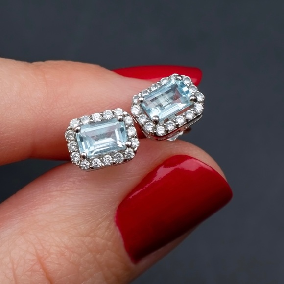 Blue topaz halo earrings, sky blue crystal studs sterling silver